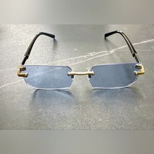Rimless Blue Lens Men's Sunglasses with Gold Accents